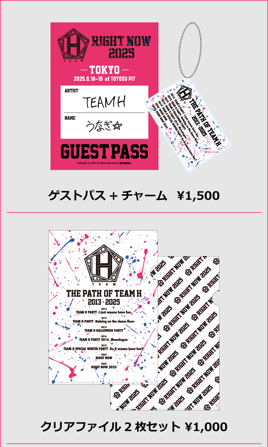 newアイテム ゲストパス+チャーム 1500円　クリアファイル2枚セット 1000円